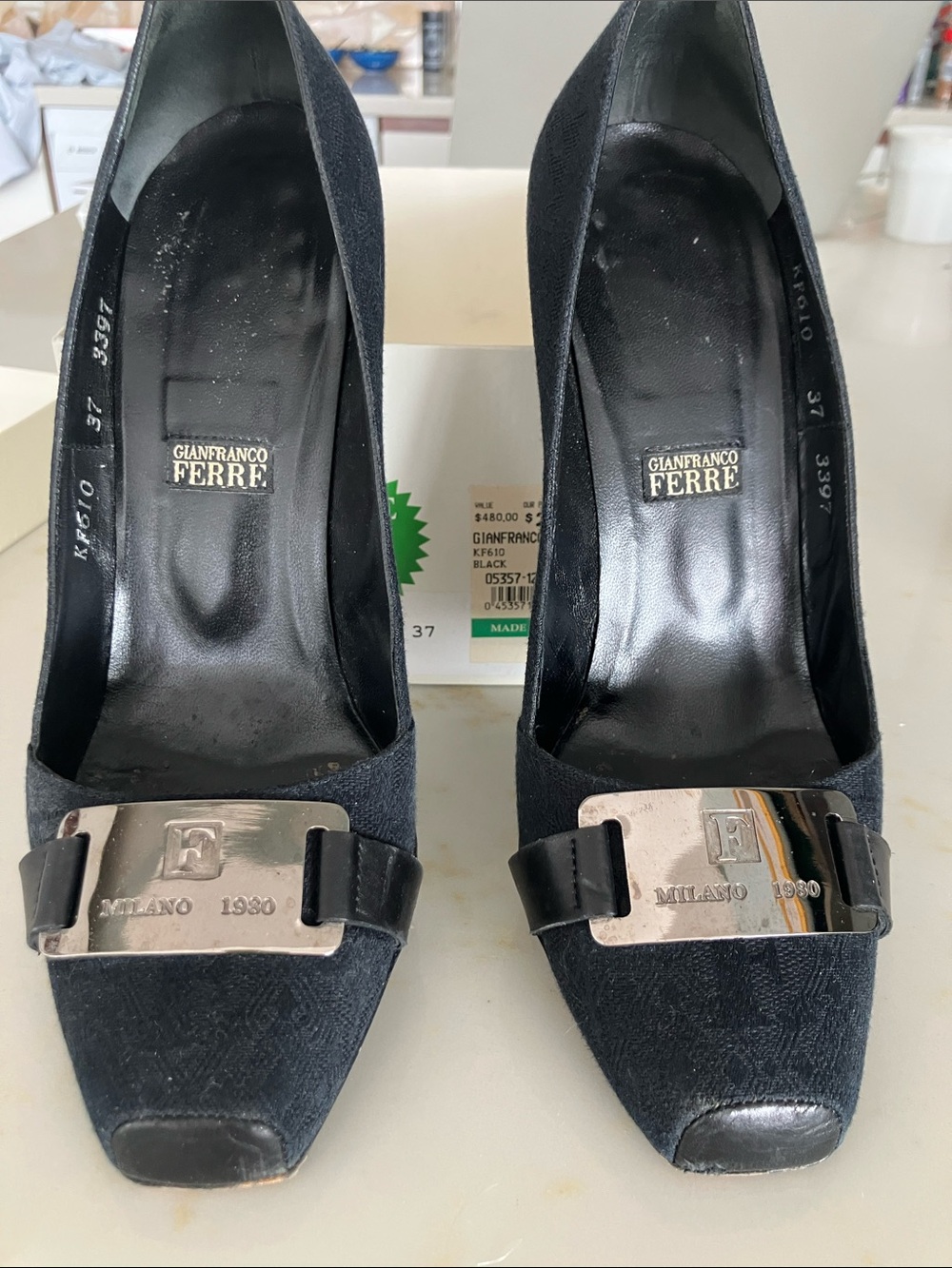 Gianfranco Ferre Black Fabric & Leather Pumps with Silver Plaque